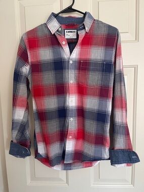 Express Boys Youth Red, Navy & White Plaid Button-Down Shirt Casual with Pocket